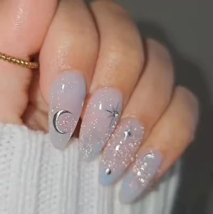 24Pcs Light Blue Smudge Fake Nails Press on Almond Gold Leaf Removable Long Full Cover Nail Tips Wearable Finished Nail Art