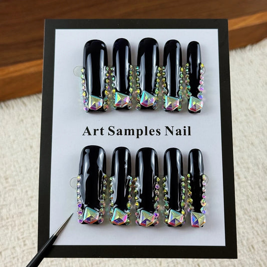 10pcs high-end Dark girl style, hand-painted three-dimensional rhinestones, dazzling multi-diamonds handmade fake nails