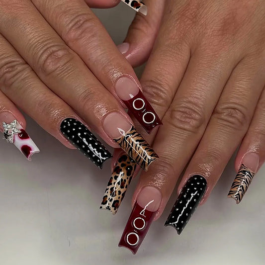 24pcs Long Coffin Press on Nails Leopard Print French Ballet Fake Nails for Women Girls Wearable European Spicy Girl False Nails