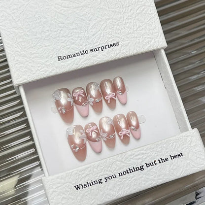 Ribbon – Bow Cat Eye French Almond Press-On Nails