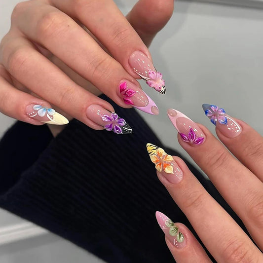 10pcs/box Y2K Luxury Handmade long-sized Almond 3d gel flower Leopard pattern French tips Press On Nails ,Thick nail,