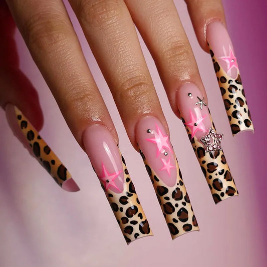 24pcs French Leopard False Nails European Long Ballet Press on Nails Full Cover Spice Girls Y2k Sweet Cool Style Fake Nail Tips