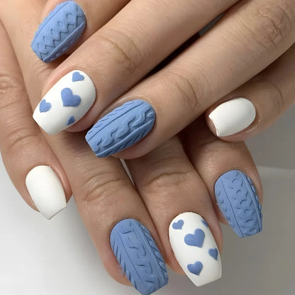 24pcs Blue Love Design False Nails Tips Datachable Fashion Short Ballet Press on Nails Art Simple Square Coffin Fake Nail Sets