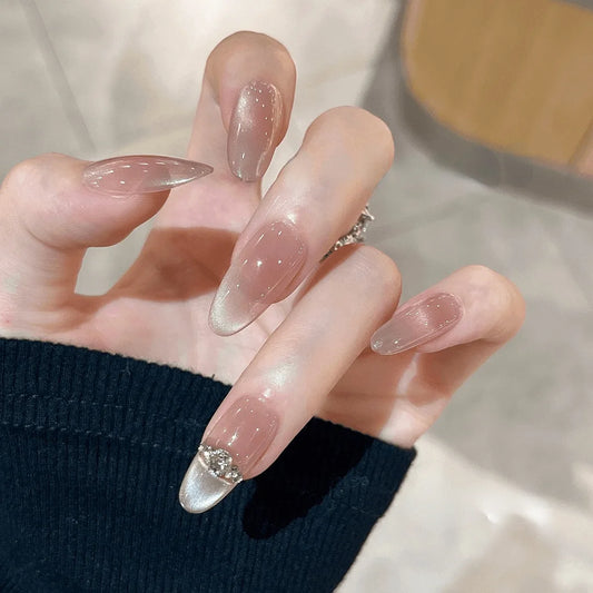 10Pcs Nude Cat Eye Short Almond Fake Nails with Glue Wearable Handmade Nail False Butterfly Diamond Design Press on Nail Tip Art