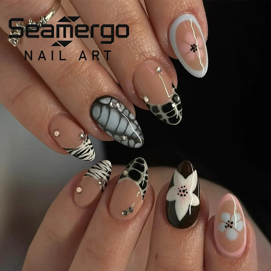 24PCS 3D Floral False Nails Rhinestone Details Nude Animal Print Almond Shape Press on Nails Edgy Sweet Daily Nail Art for Women