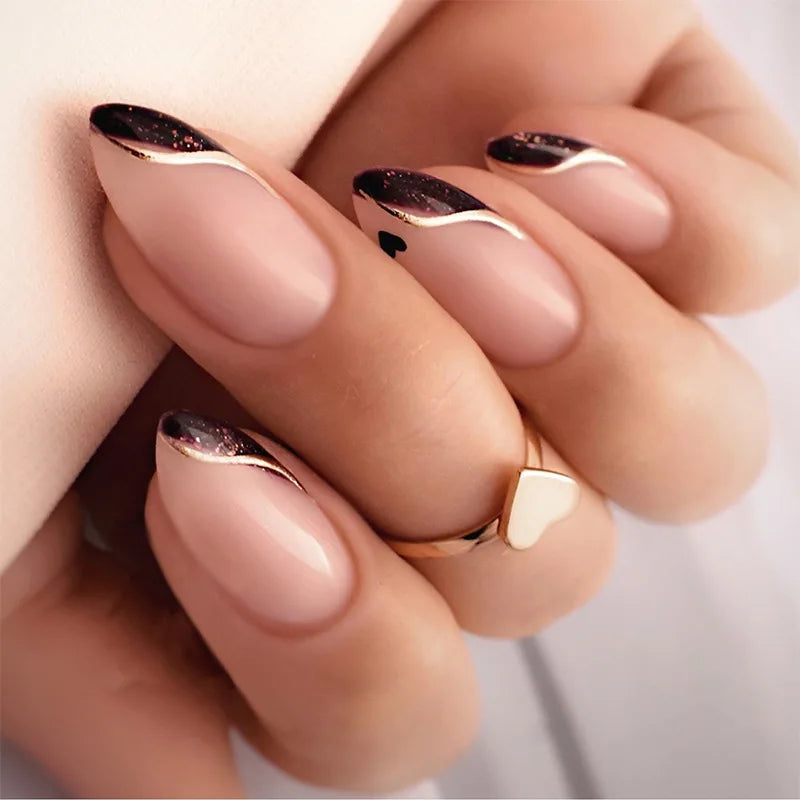 24pcs Wave Lines French Design False Nail Long Almond Nails Sets Press on Simple Shiny Powder Pattern Reusable Fake Nails Tips