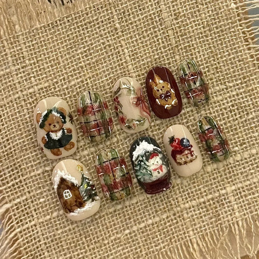 24pcs Khaki Short Oval False Nails Christmas Little Bear Rabbit Snowman Press On Nails Xmas Plaid Cartoon Dessert Fake Nail