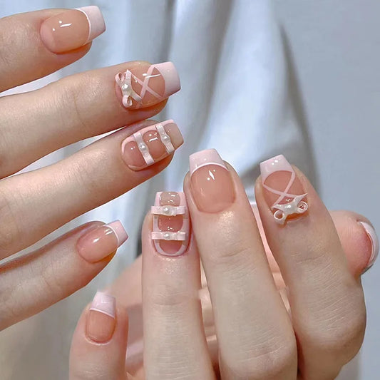 24pcs Aurora Mid-length Ballet False Nail Tips Glitter Blush Nails Sets Press on Simple Shiny Powder Design Coffin Fake Nails