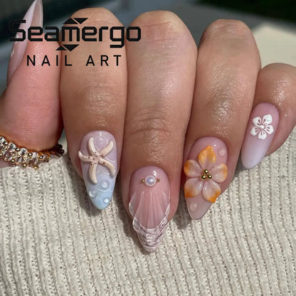 24PCS Sweet Summer Design False Nails Pastel Blue Pink Almond Fake Nail with 3D Starfish Shell Flower Pearl Beach Press on Nails