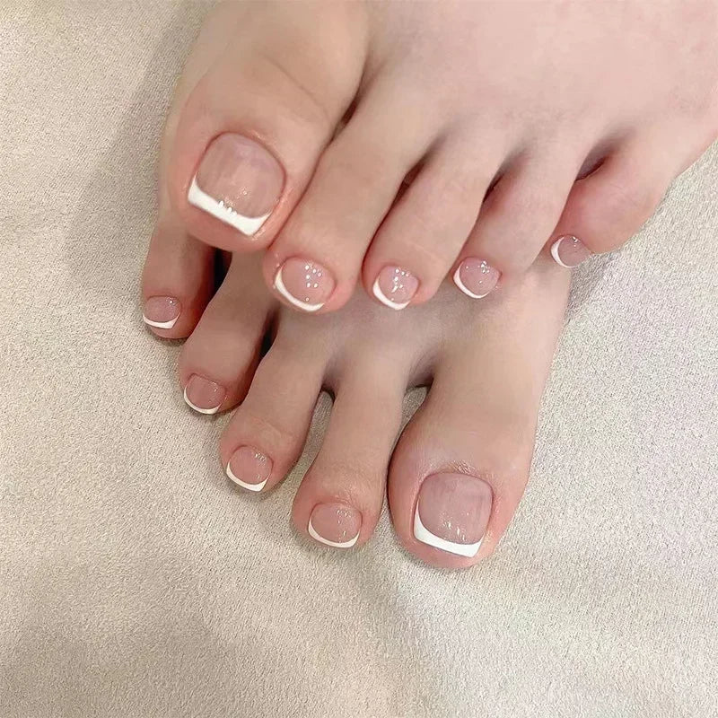 Fashion Leopard French Nude Pink Toenail Art Simple Wearable Fake Toenails Detachable Toe False Nails Press on Nails with Glue