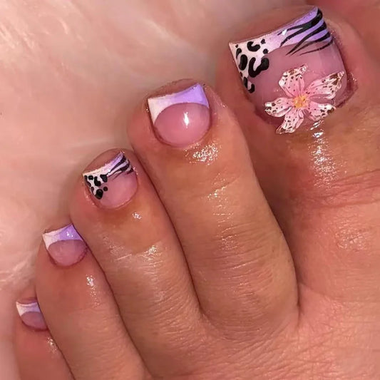 24Pcs Short Square Head Manicure Tips Pink Edge French Rhinestone Design Fake Toenails Full Cover Wearable Press on False Nails