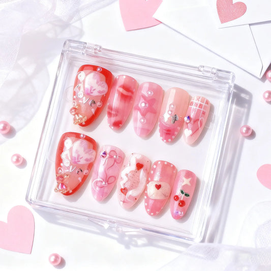 30pcs Sweet Pink Almond False Nail Tips Love Heart Cherry Bowknots Envelope Designs Press On Nails Valentine's Day Fake Nails