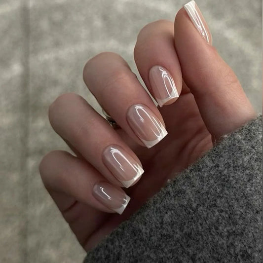 24Pcs Nude Pink Press on Nails Short Square False Nails Simple Gradient Nails Art Full Cover French Acrylic Nail Tips for Girls