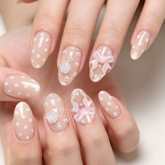 24Pcs Short Almond Detachable Nails Set Press on Polka Dot Pearl Fake Nails Full Cover 3D Flower Bow Love Heart False Nails Tips