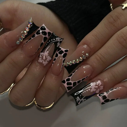 24Pcs Long Coffin Leopard Print False Nails with Glue Sweet Cool Diamond Fake Nail Set Floral French Press on Wearable Nail Tips