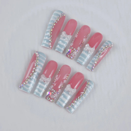 10pcs high-end Style girl version, hand-painted zebra pattern, three-dimensional bow, full of diamonds handmade fake nails