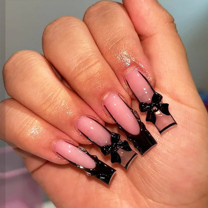 24pcs Long Coffin Nails Tips White French 3D Bow Press on Nails Set Butterfly Flower Stick on Fake Nail Finished Pink False Nail