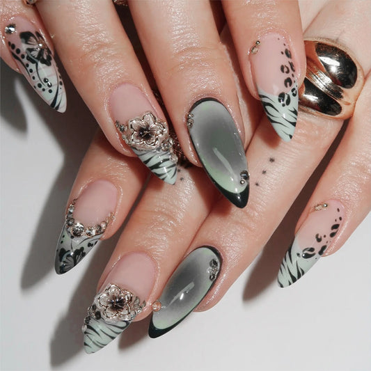 24pcs Ink Wash Flower Press On Nails Green French Style Almond Fake Nails With Black Leopard Print Rhinetone Designs False Nail