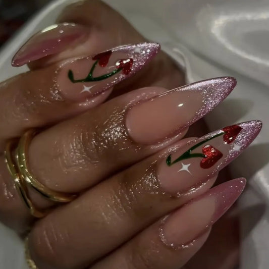 24Pcs Long Almond Full Cover Nails Tips Pink Cat's Eye French Design Fake Nail Cherry Star Pattern Reusable Press on False Nails
