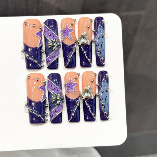 10PCS Long Coffin Handmade Press On Nails,Deep Purple French Sophistication,Suitable For Festivals Parties And Daily Wear.