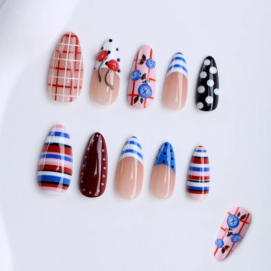 24pcs Cute Cherry Blueberry Press On Nails Polka Dot Stripes French Style False Nails Plaid Designs Glossy Almond Fake Nail Tips