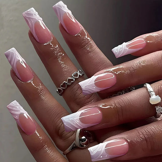 24Pcs Long Square Head Nails Set Press on White Edge French Design False Nails Detachable Artificial Full Cover Fake Nails Tips