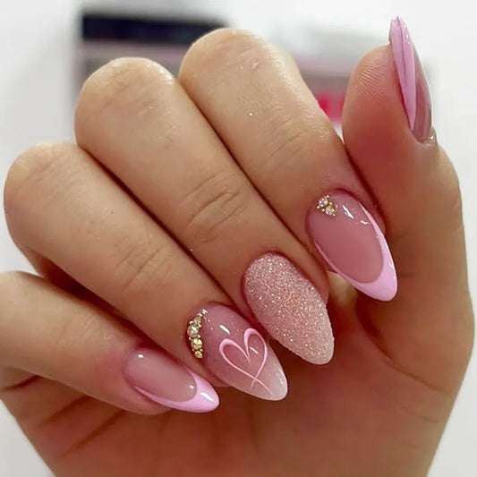 24pcs Wearable False Nails Love Lines Fake Nail Tips Glitter Diamond Stick on Almond Nail Sweet French Pink Round Press on Nails