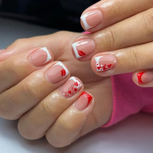 24Pcs Short Square Ballet Fake Nails Pink Color Leaves Nail Art Glitter French Removable Wearable Nail Tips Full Cover Press On