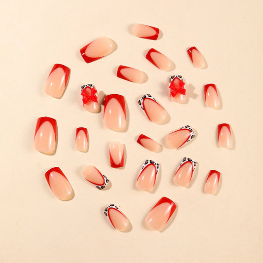 24pcs Red French Style Fake Nails Leopard Print Edge 3D Red Bowknots Decor Press On Nails Sweet Cool Short Square Fake Nail Tips