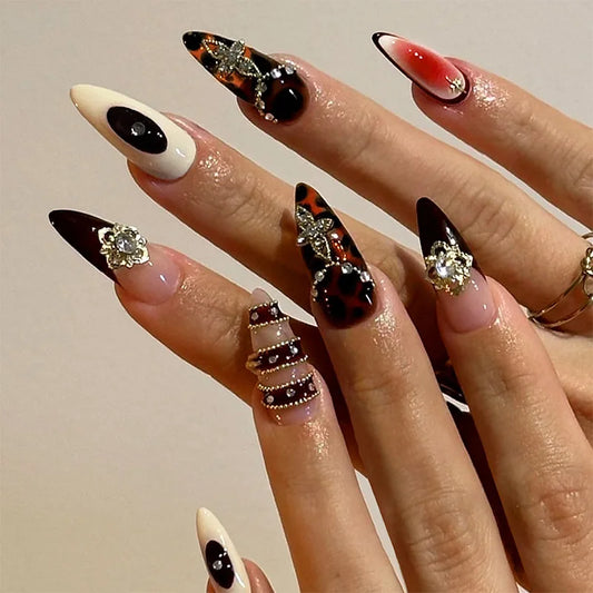 24Pcs Long Almond False Nails 3D Design Golden Ripple Rhinestone Blurring French Fake Nail Wearable Manicure Full Cover Press On