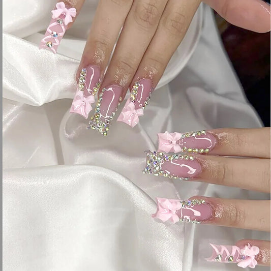 24Pcs Blue White Shiny Powder French Press on Fake Nails 3D Flower Pearl False Nails Art Long Square Head Wearable Manicure Tips