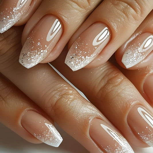24Pcs Pink Square False Nails Glitter Nails Art Wearable Fake Nail Silver French Ballerina Full Cover Acrylic Press on Nail Tips