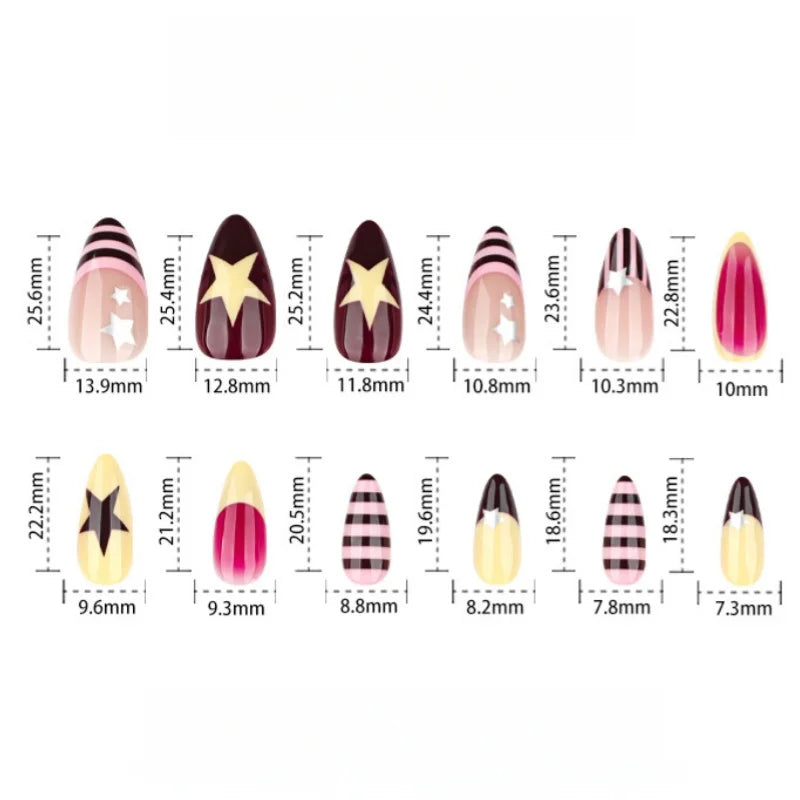 24pcs Colorful Five-pointed Star Press On Nails Red Stripes French Style Y2k Fake Nails Yellow Almond European Fake Nail Tips
