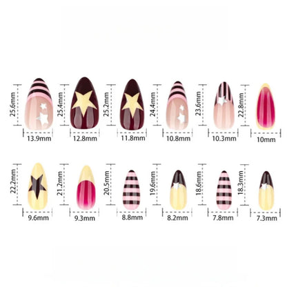 24pcs Colorful Five-pointed Star Press On Nails Red Stripes French Style Y2k Fake Nails Yellow Almond European Fake Nail Tips