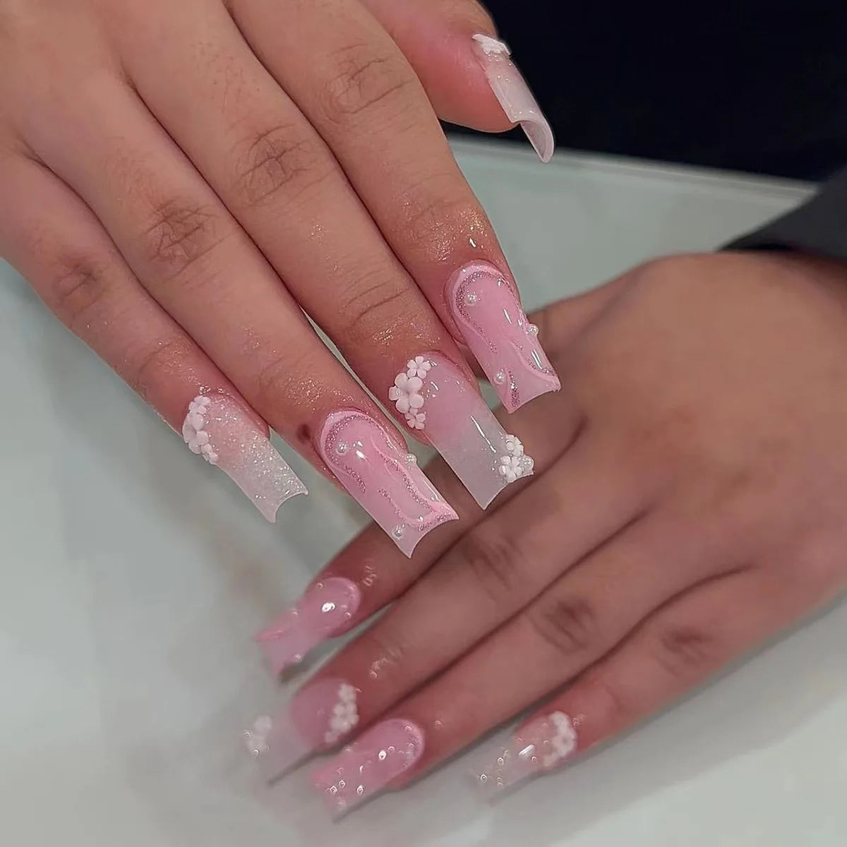 24pcs Bow Diamond Fake Nails Sets Flower Full Cover Nail Tips French Long Square False Nail Art Detachable Ballet Press on Nails