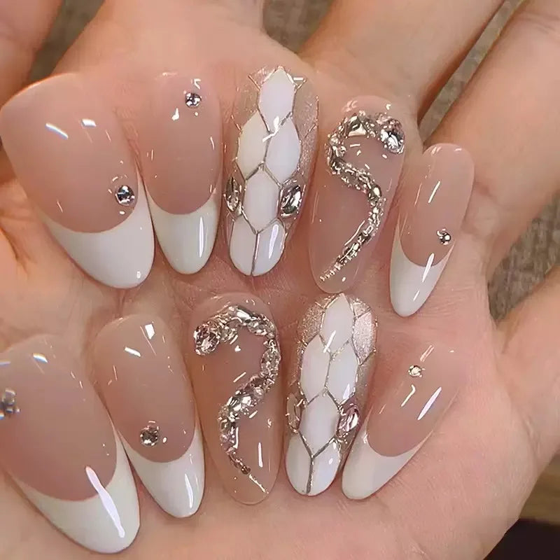 24Pcs Light Blue Smudge Fake Nails Press on Almond Gold Leaf Removable Long Full Cover Nail Tips Wearable Finished Nail Art