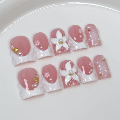 10pcs French Square Handmade Press on Nails Summer Ocean Series False Nails 3D Flower Wearable Fake Nail Uñas Накладные Ногти