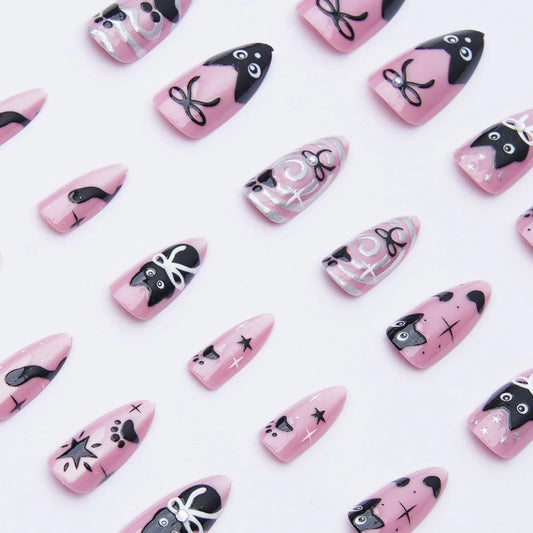24pcs Sweet Cool Pink Cat Eye Press on Nails Black Cat Print Almond Fake Nails for Women Girls Wearable Korean False Nails