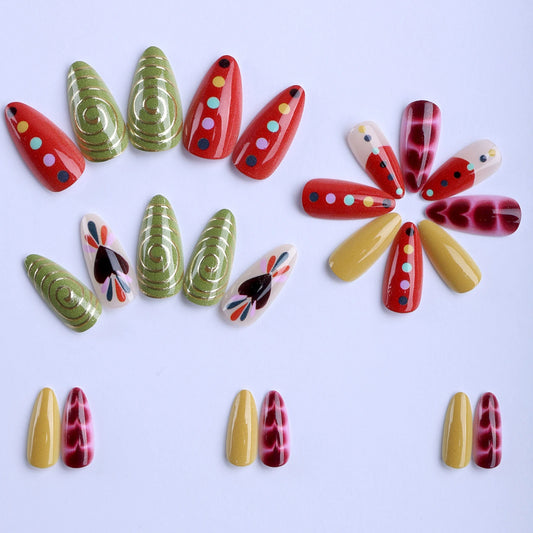 24pcs Summer Series Press On Nails Round Dot Love Heart Spiral Stripes Designs False Nails Colorful Almond French Fake Nail