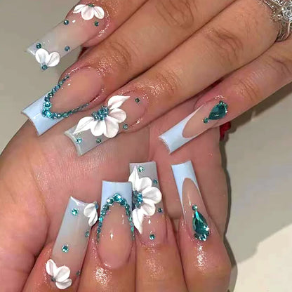 24Pcs Long Square Head French Fake Nail Tips 3D Love Heart Design Press on Nails with Rhinestone Pattern Wearable False Nail Art
