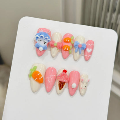 10pcs Handmade Pink Cute False Nails 3D Cartoon Strawberry Peach Decor Press On Nails Sweet Almond Creative Summer Fake Nail