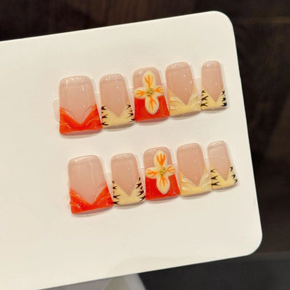 10pcs Little Fresh Yellow French False Nails Short Duckbill Shaped Gentle Handmade Fake Nails With 3D White Flower Press On Nail