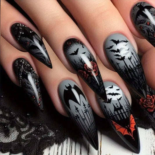 24pcs Black Bat Print Press on Nails Halloween Gothic Punk European Fake Nails Wearable Spider Web Print Almond False Nails