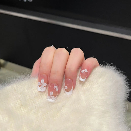 10Pcs White French Handmade Press on Nails Flower Pattern Fake Nails Wearable Stick-on Nails False Nail 네일팁 Накладные Ногти Uñas
