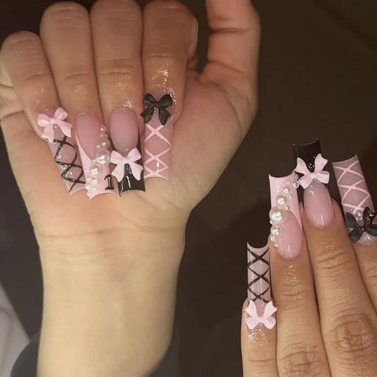 24pcs Long Coffin False Nails Art Bow Pearl Stick on Nail Tip Pink Square Fake Nail Detachable Cross Lines Design Press on Nails