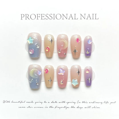 10Pcs Handmade Press on Nails Long Ballet Blue Fake Nails with 3D Ocean Moon Rhinestone Design False Nails Full Cover Nail Tips