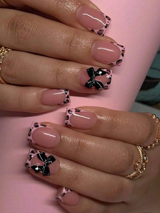 10PCS Short Black Full Cover Fake Nail Set -Press On Nails Bowknot Design-1pc Nail File & 1Nail Glue Sticker Kit Nail