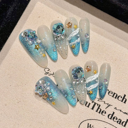 10Pcs White Swan Handmade False Nails Glitter Haze Blue Grey Cat Eye Press On Nail Angel Wing Shiny Diamond Chain Decor Manicure