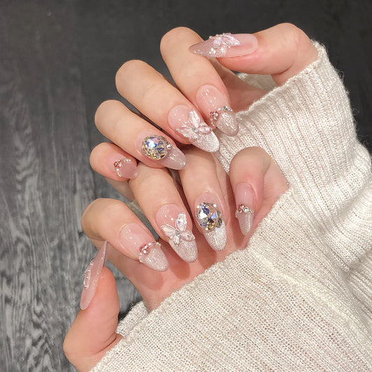 10Pcs Cat's Eye Handmade False Nails Mid-length Almond Wearable Manicure Tips 3D Butterfly Pearl Rhinestone Press on Fake Nails