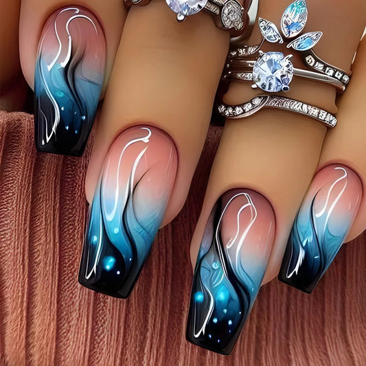 24pcs Wearable Brown Ballet Press on Nails Art Mid-length Coffin False Nail Flower Design Nails Sets Fashion Square Fake Nail